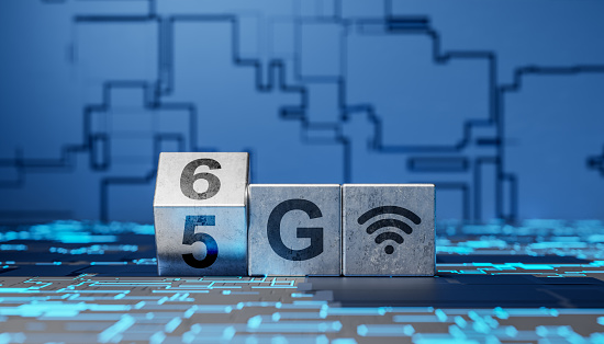 Technology transformation change from 5G to 6G. Computer system and system equipment. 5G to 6G. Business, modern technology, internet and networking concept. 3d illustration