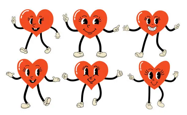 Vector illustration of Cute cartoon red heart character   set.