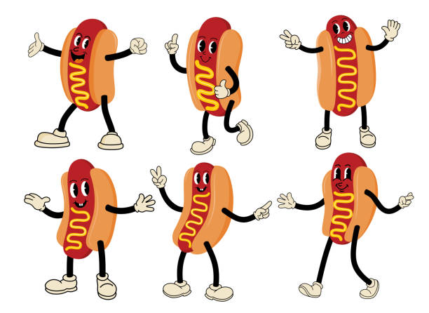 ilustrações de stock, clip art, desenhos animados e ícones de cute hot dog cartoon character set. - carro de cachorros quentes