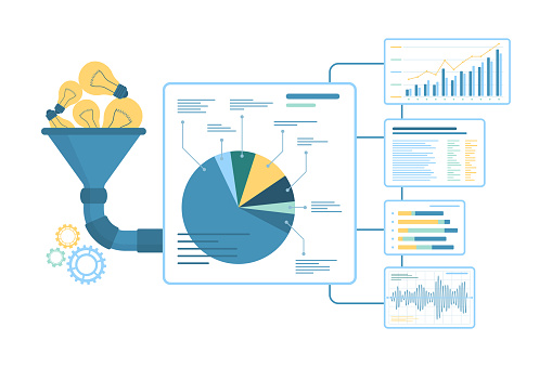 Funnel for information and idea conversion vector illustration. Cartoon filter with light bulbs and pipeline system work on creative research process with infographic diagrams and graphs results