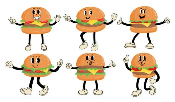 Vector illustration of Cute hamburger cartoon character set.