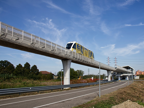 Bologna - Italy - September 2, 2023: Elevated electric monorail People Mover, Marconi Express. Connecting Marconi Airport with Bologna Railway Station.