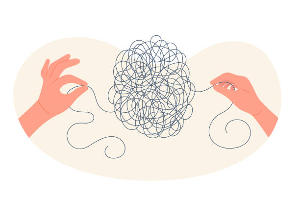 Mental health, coaching, psychology therapy to care mind, hands of coach unravel knot Mental health, coaching, psychology therapy to care mind vector illustration. Cartoon isolated hands of coach unravel tangled knot of string, bring order to chaos and clutter on psychotherapy session coach background stock illustrations