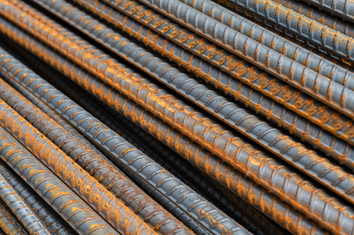Reinforcement steel rod. Rusty rebar for concrete pouring. Steel reinforcement bars. Closeup of Steel rebars. Construction rebar steel work reinforcement.