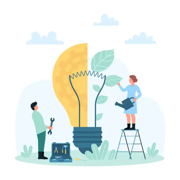 Vector illustration of Development of eco projects, tiny people grow plant with green leaf inside light bulb