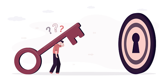 Tired businessman carry big heavy key to goal. loser entrepreneur cannot open way to success. Unsuccessful employee cannot overcome obstacles in work and achieve goals. flat vector illustration