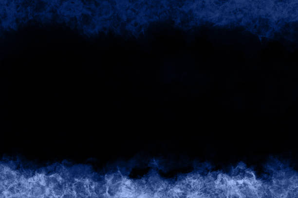 Dark blue black colored monochrome backdrop with spooky scary halloween theme midnight scene with wilderness, fog, smoke, mist at the top and bottom edge border Dark blue black coloured monochrome backdrop with spooky scary halloween fog, smoke theme midnight scene. There is no people and no text bot ample copy space. wispy smoke on black stock illustrations