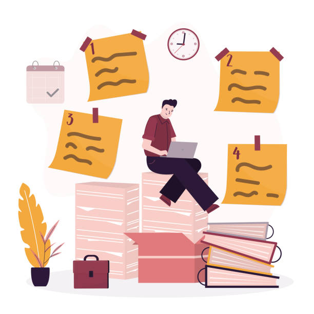 istock Time management, much paperwork in office. Smart businessman adds new notes, tasks and memo. Male employee use laptop, office day, work process 1716288213