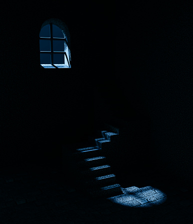 Stone staircase in an old castle in the moonlight.