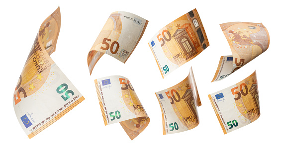 50 euro flying on white background. Euro Union banknotes at different angles. High quality photo
