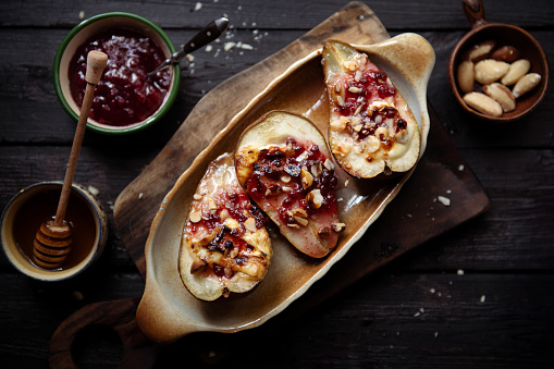 Baked Pear with Gorgonzola Cheese and jam