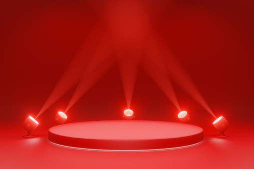 red winner stage Empty podium with illuminated sporting Light source. Floodlight. Product platform concept. Advertising display. Projector. 3D rendering.
