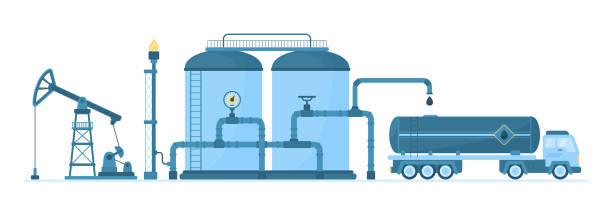 Oil industry infographic industrial objects, drilling rig, storage tank and truck Oil industry vector illustration. Cartoon isolated infographic industrial objects, drilling rig for crude oil extraction, storage tank with pipelines and tower, truck with container for transportation natural gas extraction stock illustrations