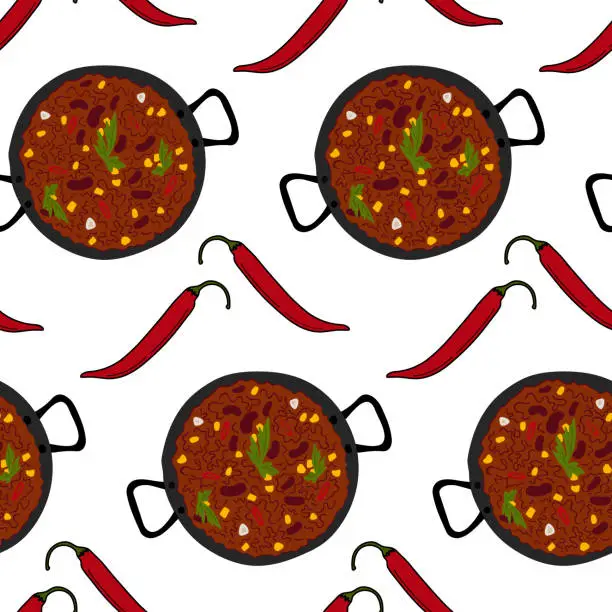 Vector illustration of Endless pattern of Chili con carne and red hot chili pepper. Traditional Mexican spicy food. Isolate