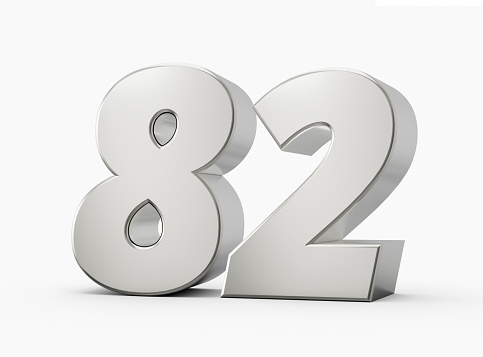 3d Shiny Silver Number 82, Eighty Two 3d Silver Number Isolated On White Background, 3d illustration