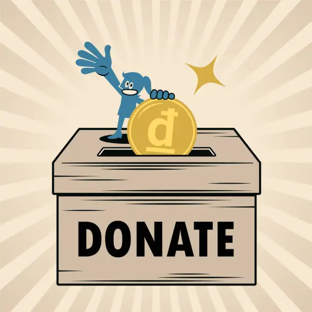Vector illustration of A smiling woman putting money into a big donation box