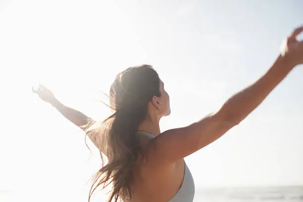 Photo of Woman standing with arms outstretched on beach