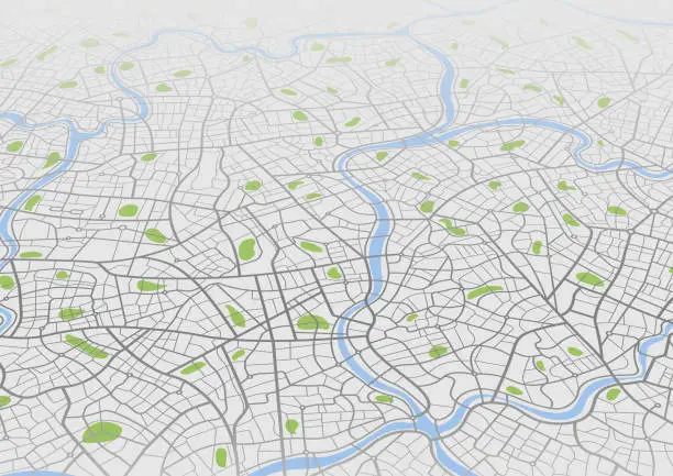 Vector illustration of Isometric navigate mapping technology for distance data, path turns. Abstract map with unique lines, geometric patterns background. City top view. Streets, blocks, route for movement on the streets.