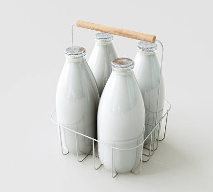 A set of four vintage glass milk bottles in a wire carry delivery basket on a white studio background - 3D render