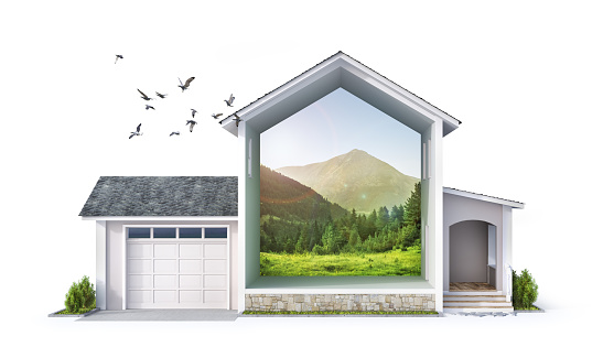 Eco building concept. Nature inside the house. 3d illustration