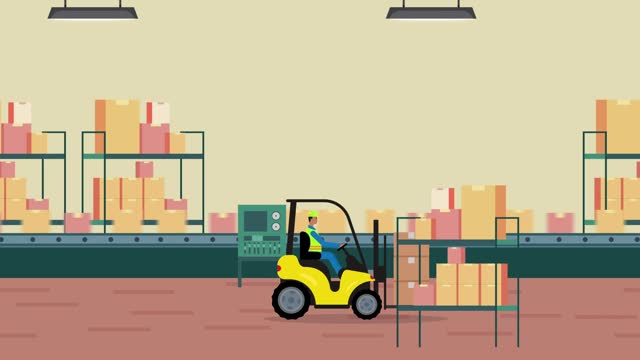 Male worker driving forklift in the storage warehouse
