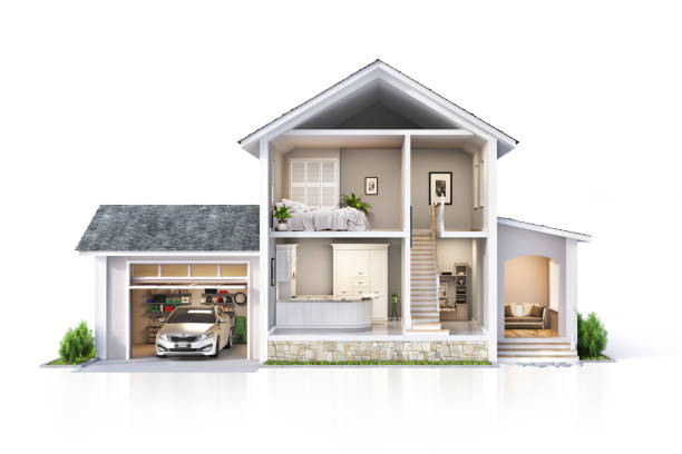 House concept. Sliced house with interior. 3d illustration