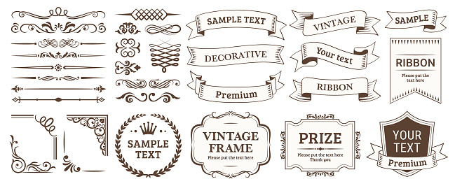 Labels and badges, retro ribbons, Vintage typographic design elements set vector illustration. luxury ornate logo symbols, calligraphic swirls