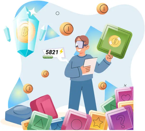 Vector illustration of Play to earn games created on basis of blockchain project with elements of NFT, gamification content