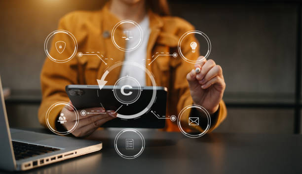istock Copyright or patent concept, Person hand using laptop computer, tablet and smartphone with virtual screen copyright icon trademark, Creation ownership against piracy. 1716380635