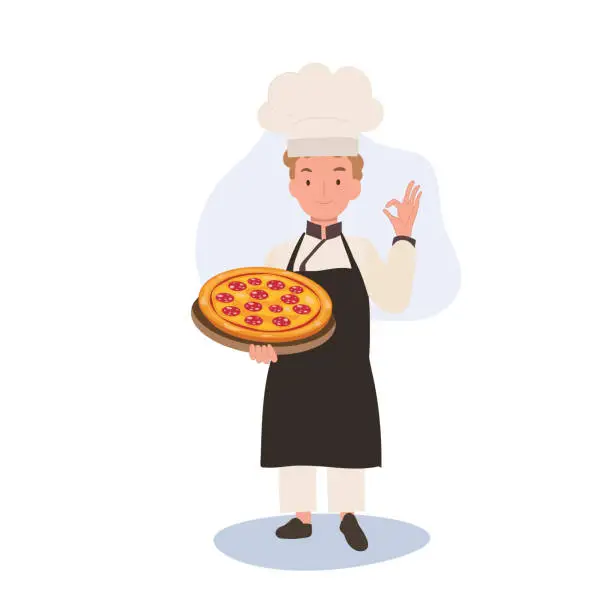 Vector illustration of Young Chef Showing OK Sign. Happy Chef Doing OK Hand Sign and holding homemade pizza on tray in other hand