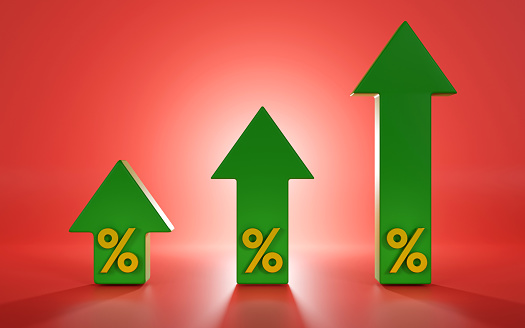 3D rendering of green arrows with percentage rise, interest rate increase, growth financial business, Economy market investment concept