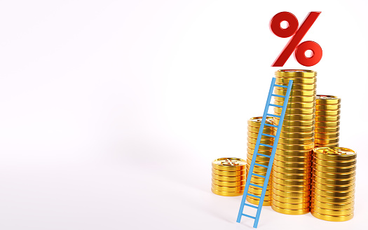 3D rendering of red percentage symbol with coin stack and ladder, on white background Interest rate and rising inflation concept