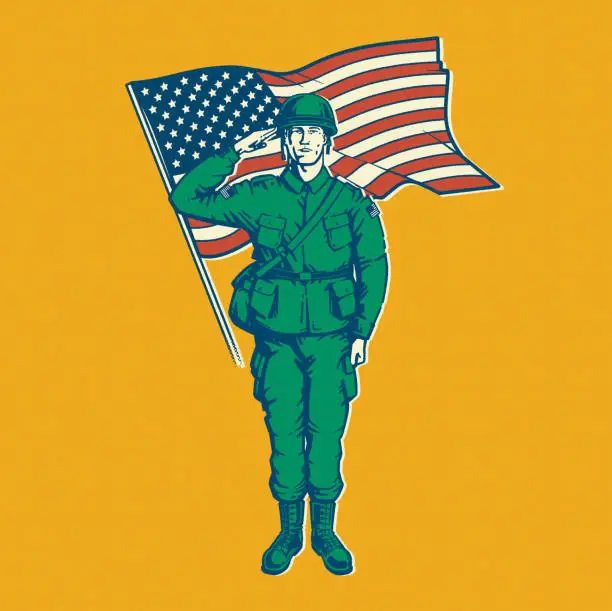 Vector illustration of Veterans Day, Memorial Day,  USA Army soldiers saluting  with American flag