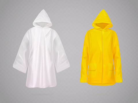 Realistic raincoat. Yellow and transparent plastic rain coat, fashion cloak with hood for wet protection in travel activity, autumn clothing wear, vector illustration of weather plastic rain coat