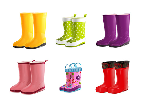 Realistic wellies. 3d gumboots, funny isolated wellington boots yellow rubber shoes for rain water safety in garden mud puddle of autumn weather, creative vector illustration of rain footwear set