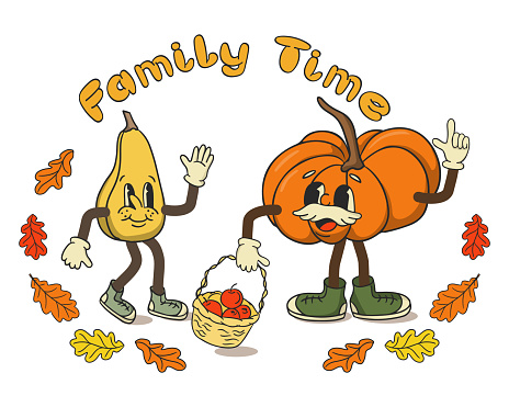 Season print design with pumpkins characters in old retro cartoon style. Hand drawn slogan Family Time and cute vintage characters. Autumn concept illustration posters, greetings, tshirt print