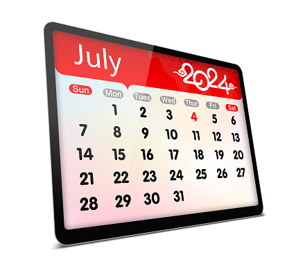 July 2024 calendar on digital tablet isolated on white with clipping path.