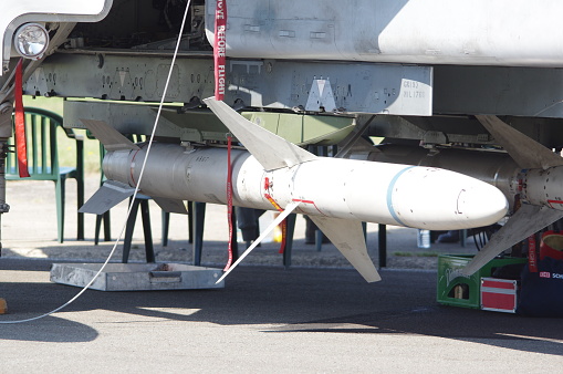 AGM-88 HARM High-speed Anti-Radiation Missile air-to-surface anti-radiation under the fuselage of a german air force  Panavia Tornado jet fighter kleine brogel air base 9 september 2023 belgium