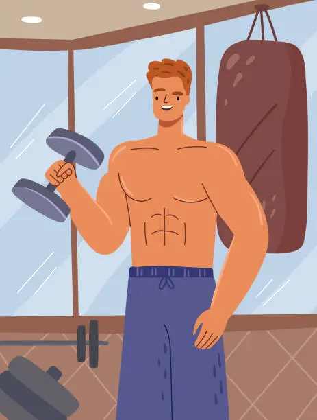 Vector illustration of Man training or working out in gym, male character lifting dumbbells. Sportsman or bodybuilder growing muscles and gaining strength from exercises. Vector illustration in flat cartoon style