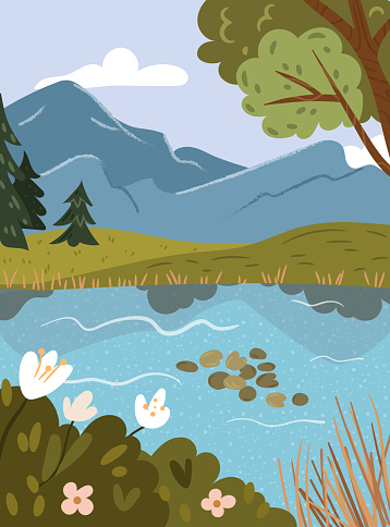 Mountains and river or lake landscape. View of wilderness, mountainous area with pine tree forests. Hills and meadows with blooming flowers. Vector illustration in flat cartoon style