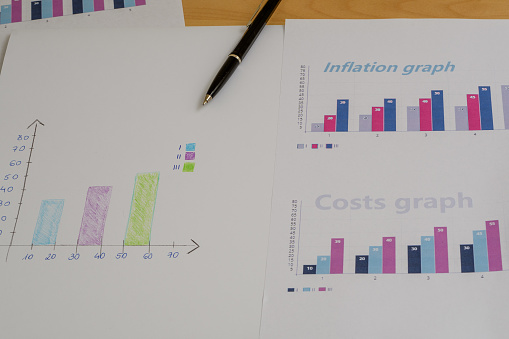 Bar charts showing rising costs and inflation lying on the desk, closeup isolated documents
