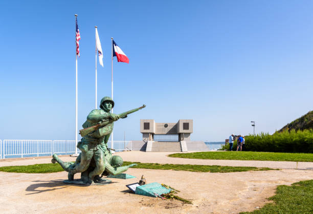 Vierville-sur-Mer, France - Sept. 5, 2023: Ever Forward statue and National Guard Monument erected in 2014 in memory of the US soldiers who landed on Omaha Beach on D-Day, 6 June 1944.