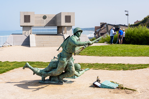 Vierville-sur-Mer, France - Sept. 5, 2023: Ever Forward statue and National Guard Monument erected in 2014 in memory of the US soldiers who landed on Omaha Beach on D-Day, 6 June 1944.