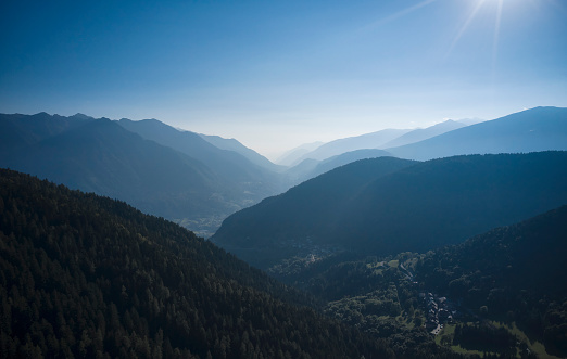 View of mountains from drone point of view near the village Binio in the European Alps