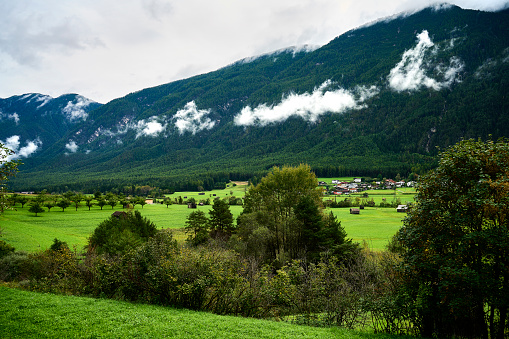 Meadow in Valley in Austria having lots of small houses like barns storing food for the animals for the winter.