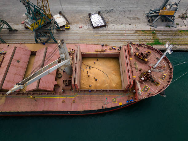 istock cargo ship or bulk carrier loaded to the brim with grain is preparing for departure, working sailors on deck are completing work, aerial view 1716453071