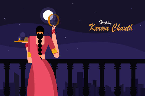 Illustration of an Indian woman performing religious ritual 'Karwa Chauth'by looking moon through a sieve vector art illustration