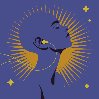 African woman listens to music on headphones. Music therapy session. Profile of a musician. Portrait of fashion teenager. Vector flat illustration.