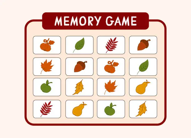 Vector illustration of Memory card game. Children Development. Autumn leaves and harvest. Vector baby educational card.
