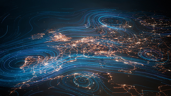 3d generated world map with glowing data lines. Perfectly usable for all kinds of topics related to international business and finance, global data or technological innovation.\nCreated from textures by NASA:\nhttps://visibleearth.nasa.gov/images/55167/earths-city-lights,\nhttps://visibleearth.nasa.gov/images/73934/topography